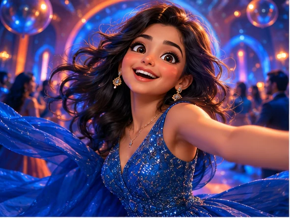 Illustrative animated character portrait in a blue and coral party scene