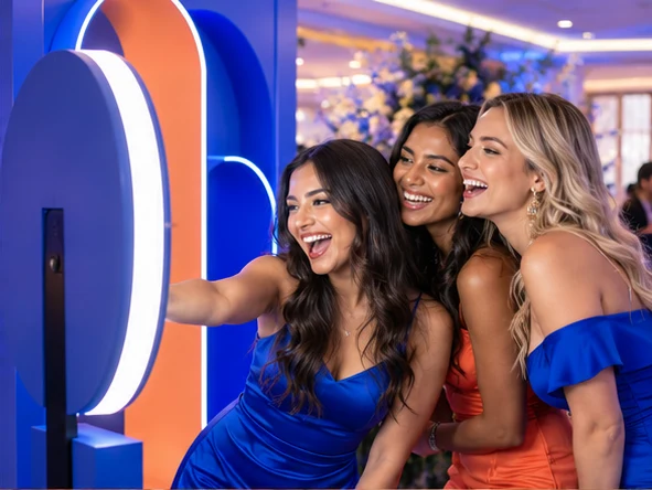 Guests trying a ring-light photo booth at a blue brand activation