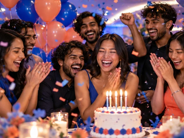 Friends celebrating a birthday with a cake, balloons and confetti