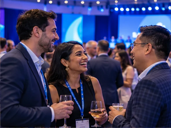 Conference guests networking in a blue-lit event venue