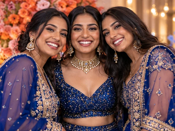 Three wedding guests smiling together in blue evening outfits