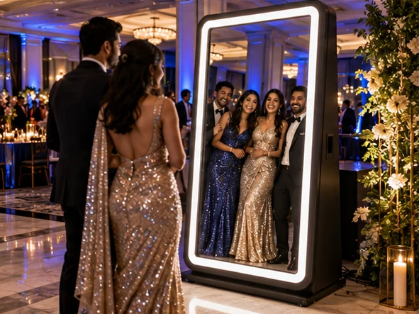 An illuminated full-length mirror booth at a ballroom reception