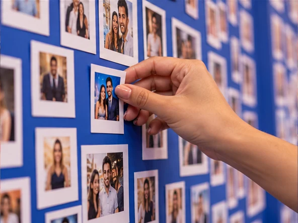 A hand placing a guest portrait sticker onto a photo mosaic