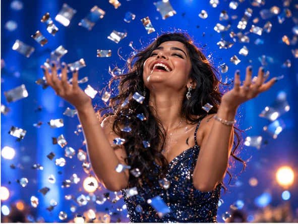 A laughing guest surrounded by suspended silver confetti