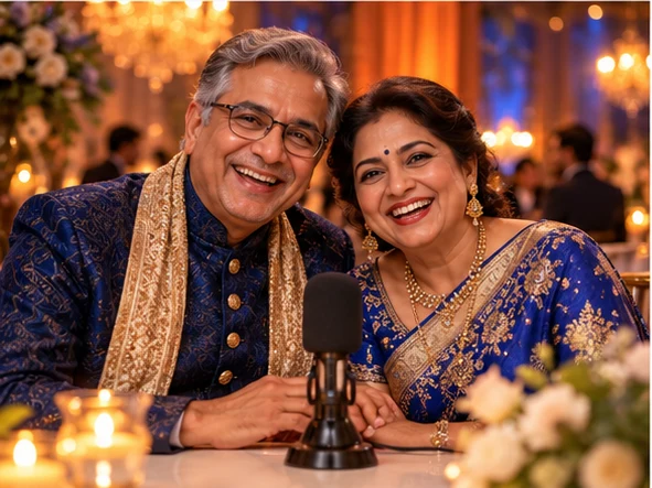 A couple recording a wedding greeting with a tabletop microphone
