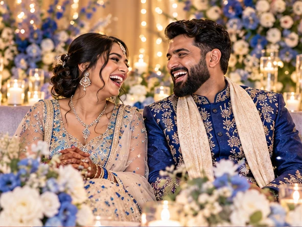 A bride and groom laughing beneath flowers and warm reception lights